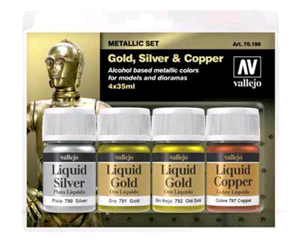 Vallejo MODEL AIR Color: set inchiostri Oro, Argento e Rame (4 x 30ml)